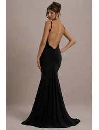 Adele | Black Ruched Fishtail Cami Maxi Dress - 1