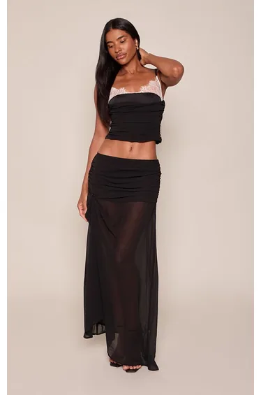 Black Chiffon Lace Insert Detail Ruched Cami Top