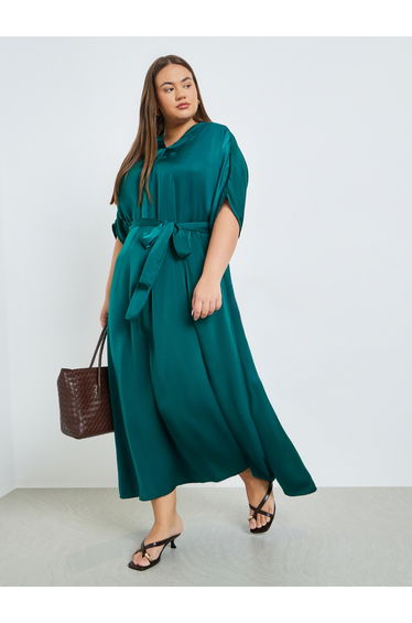 Plus Size Matte Satin Maxi Dress with Tie-Belt