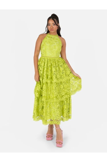 Maya Lime Green Halter Neck Tiered Lace Midaxi Dress