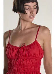 Red Elastic Waist Spaghetti Strap Midi Dress - 2