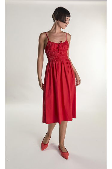 Red Elastic Waist Spaghetti Strap Midi Dress