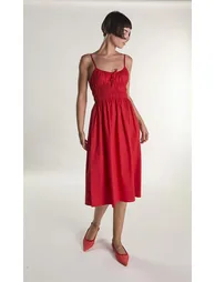 Red Elastic Waist Spaghetti Strap Midi Dress