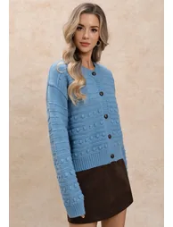 Textured Bobble-Knit Buttoned Cardigan in Blue - 1
