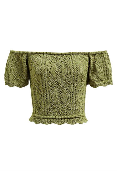 Off-Shoulder Eyelet Knit Crop Top in Green