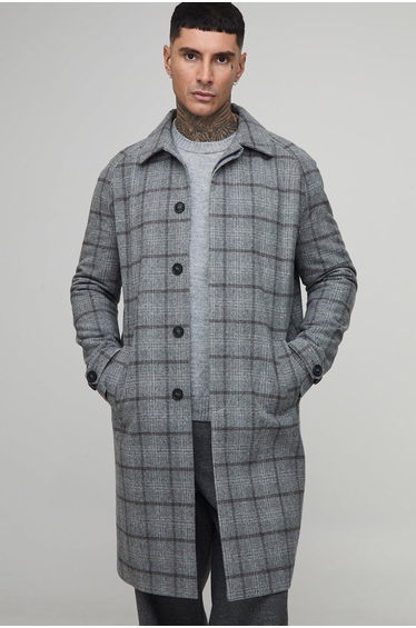 Tall Regular Fit Raglan Single Breasted Check Collar Buckle Car Coat - grey