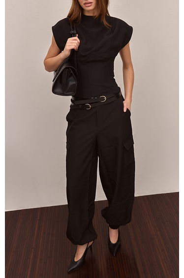 Black Woven Elasticated Hem Cargos