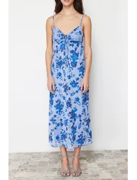 Blue Printed Maxi Length Heart Neck Knitted Maxi Dress - 3