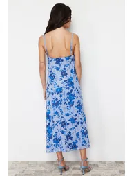 Blue Printed Maxi Length Heart Neck Knitted Maxi Dress - 4