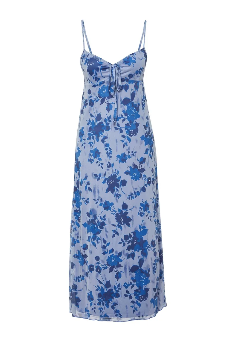 Blue Printed Maxi Length Heart Neck Knitted Maxi Dress - 5