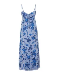 Blue Printed Maxi Length Heart Neck Knitted Maxi Dress - 5