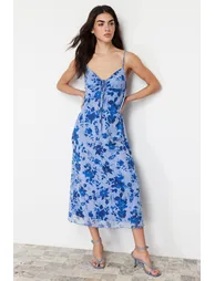 Blue Printed Maxi Length Heart Neck Knitted Maxi Dress - 2