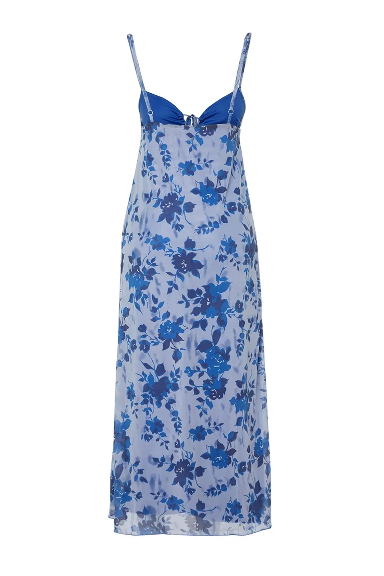 Blue Printed Maxi Length Heart Neck Knitted Maxi Dress - 6