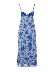 Blue Printed Maxi Length Heart Neck Knitted Maxi Dress - 6