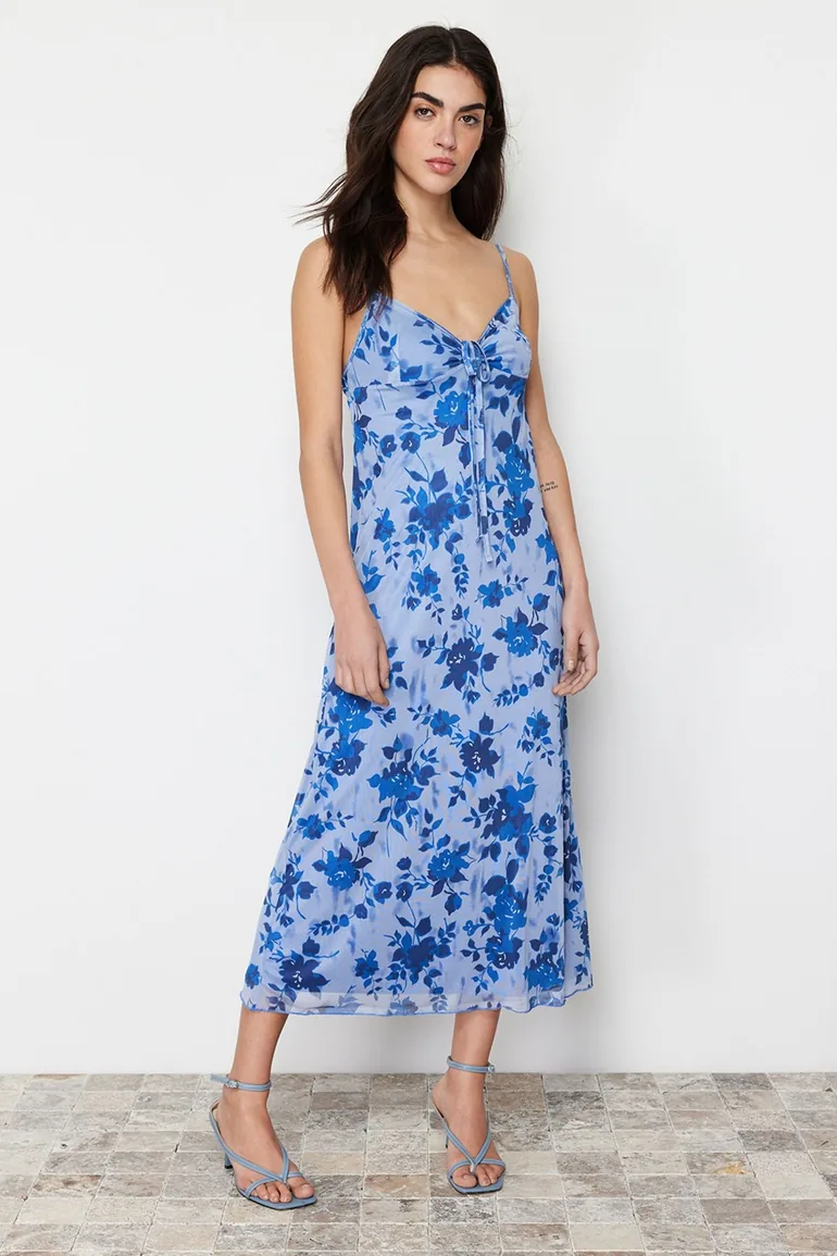 Blue Printed Maxi Length Heart Neck Knitted Maxi Dress - 1