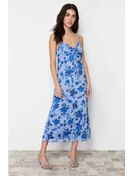 Blue Printed Maxi Length Heart Neck Knitted Maxi Dress - 1