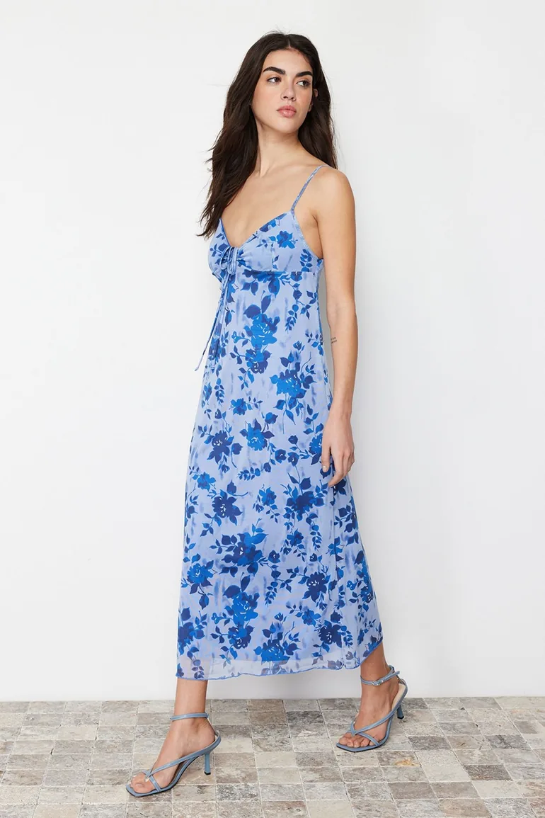 Blue Printed Maxi Length Heart Neck Knitted Maxi Dress