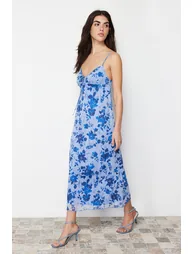 Blue Printed Maxi Length Heart Neck Knitted Maxi Dress