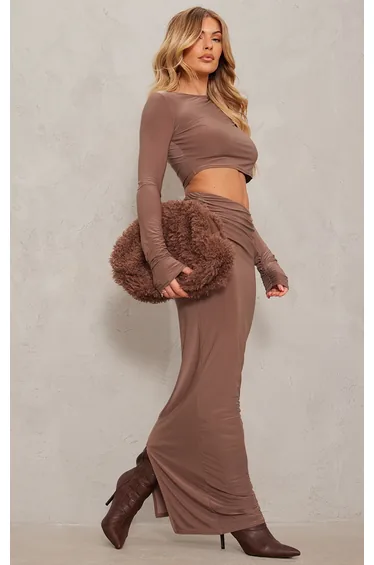 Mocha Slinky Low Rise Ruched Detail Maxi Skirt