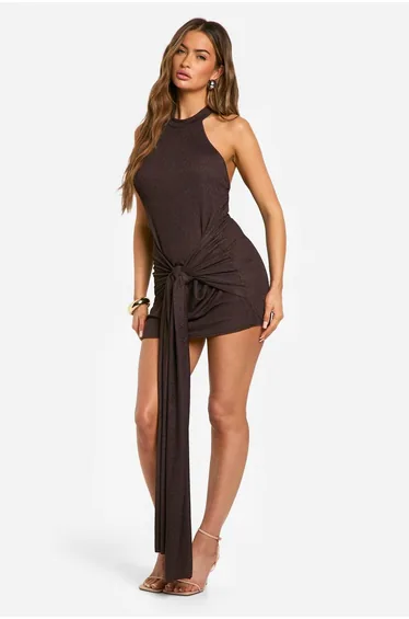TEXTURED HALTERNECK MINI DRESS