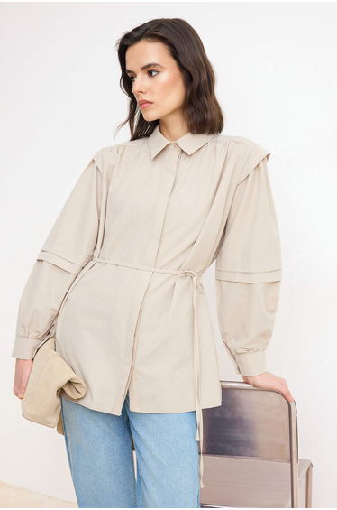 Beige Oversize Terrycotton Plain Woven Sleeve Detailed Hijab Shirt