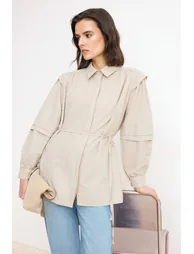 Beige Oversize Terrycotton Plain Woven Sleeve Detailed Hijab Shirt
