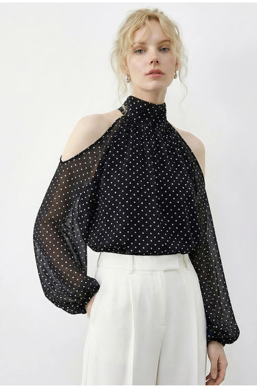 LUCCI Polka Dot Chiffon Turtleneck Blouse with Cut Out