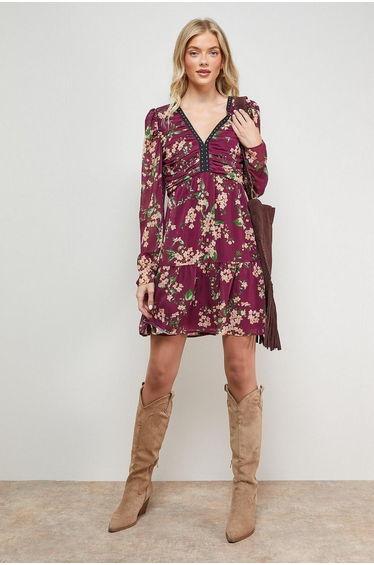 Printed Statement Shoulder Ruched Body Mini Dress