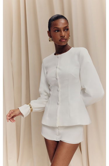 White Woven Cinched Waist Cocoon Sleeve Button Up Blazer