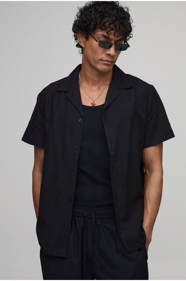 Regular Fit Short Sleeve Linen Blend Shirt - black