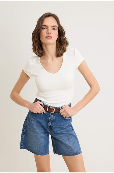 Ecru Plain Fitted V-Neck Moon Sleeve Short Premium Soft Knitted T-Shirt