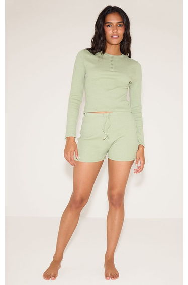 Sage Green Ribbed Button Down Long Sleeve Pyjama Top
