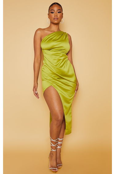 Olive Satin One Shoulder Pleat Detail Midi Dress