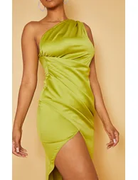 Olive Satin One Shoulder Pleat Detail Midi Dress - 3