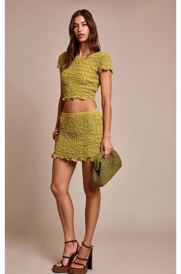 Olive Crinkle Textured Jersey Crew Neck Top