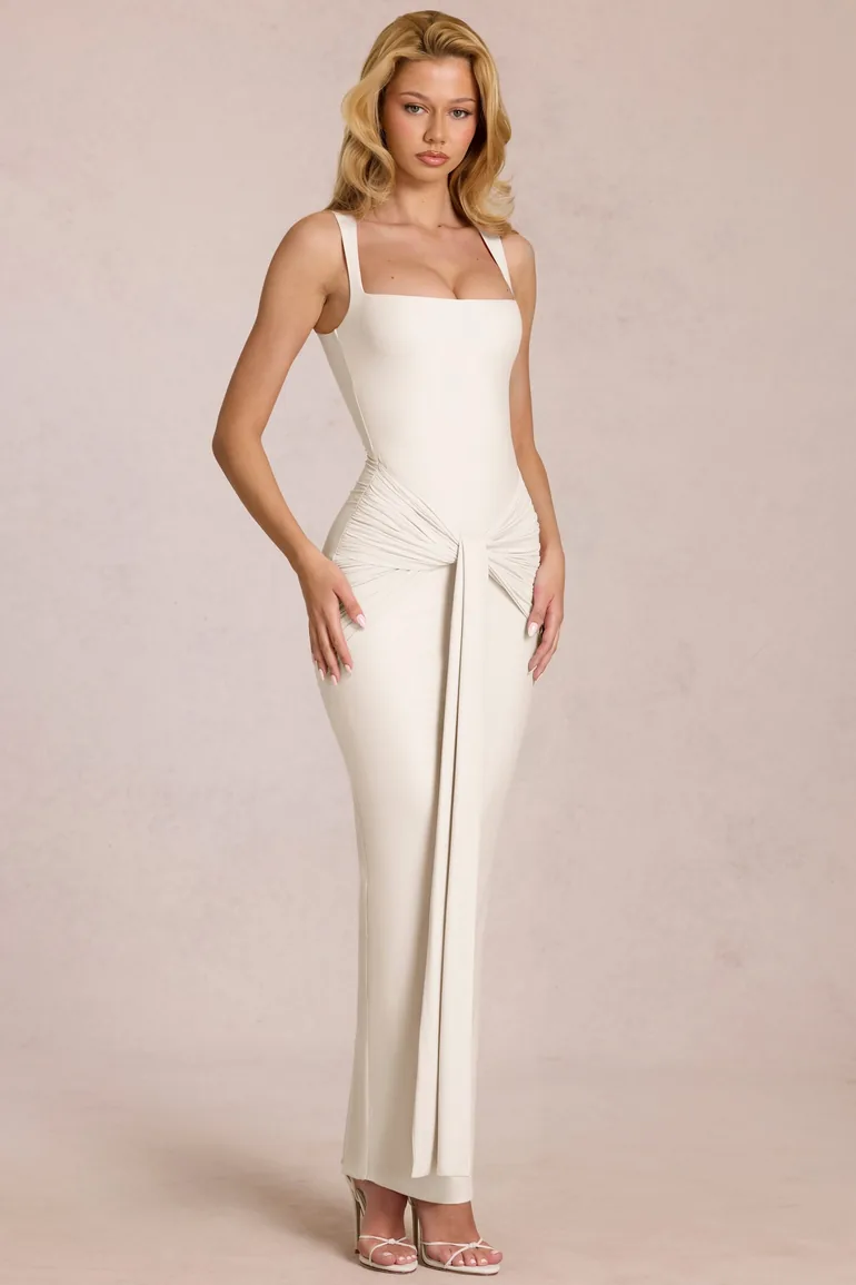 Square-Neck Tie-Gather Maxi Dress in Ivory - 5