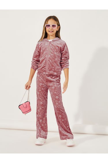 Star Pattern Zipper Front Velvet Hoodie and Flare Hem Pant Set