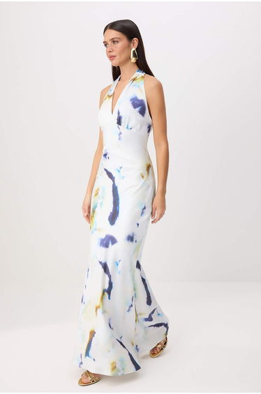 Multi-Colored Abstract Patterned Woven Satin Maxi Evening Dress & Graduation Gown