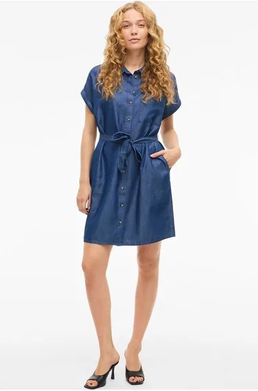 Short Denim Dress with Short Sleeves and Belted Waistband