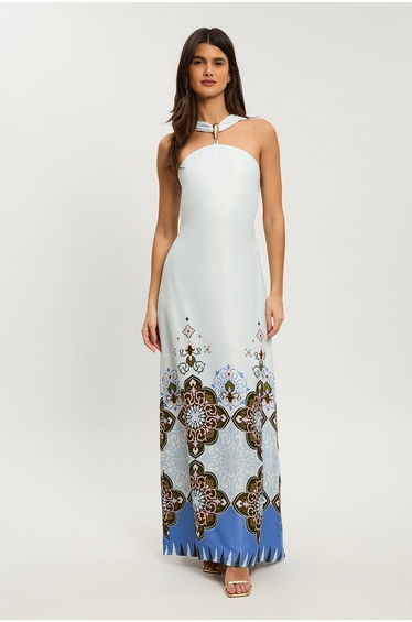 Petite Tile Print Satin Viscose Halterneck Maxi Dress