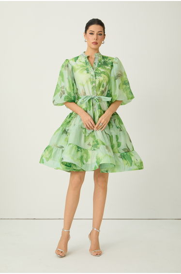 Vibrant Poise Green Floral Print Puff Sleeve Mini Dress