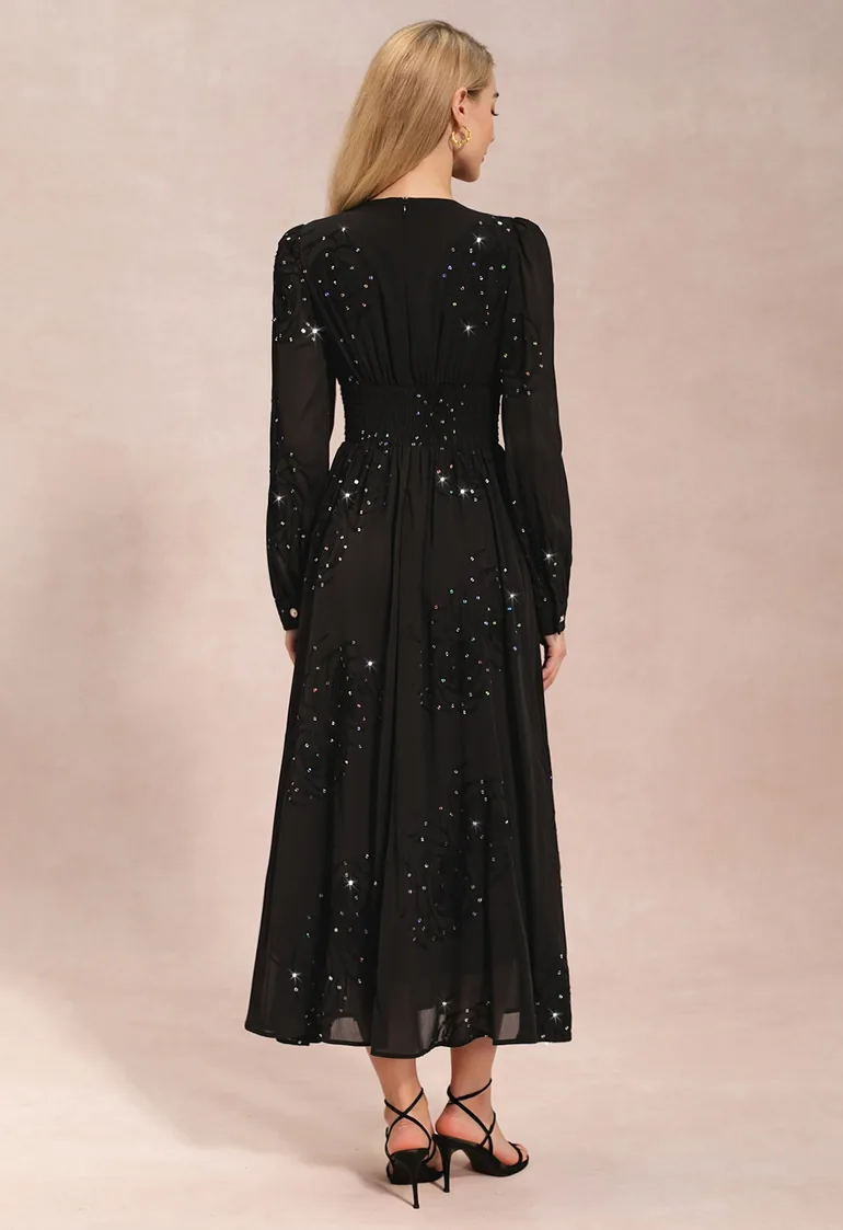 Rose Sequins Embroidery Tie-Front Chiffon Maxi Dress in Black for Anniversary Nights & Concerts - 7