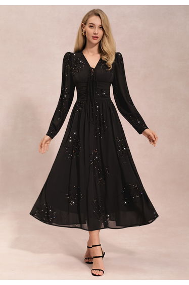 Rose Sequins Embroidery Tie-Front Chiffon Maxi Dress in Black for Anniversary Nights & Concerts
