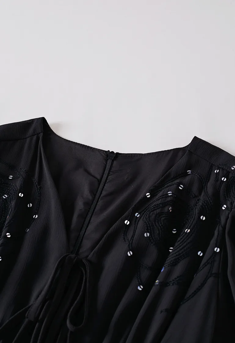Rose Sequins Embroidery Tie-Front Chiffon Maxi Dress in Black for Anniversary Nights & Concerts - 3