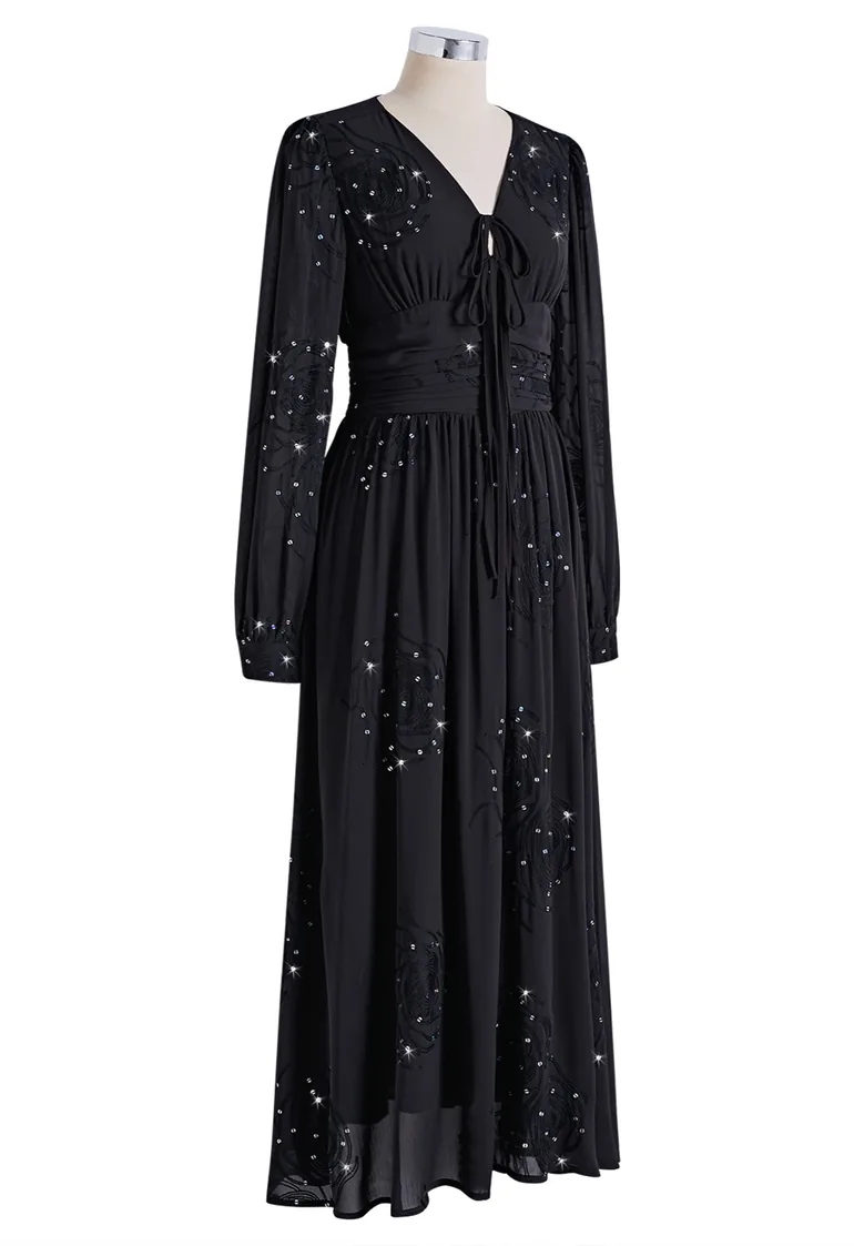 Rose Sequins Embroidery Tie-Front Chiffon Maxi Dress in Black for Anniversary Nights & Concerts - 6