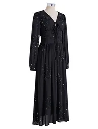 Rose Sequins Embroidery Tie-Front Chiffon Maxi Dress in Black for Anniversary Nights & Concerts - 6