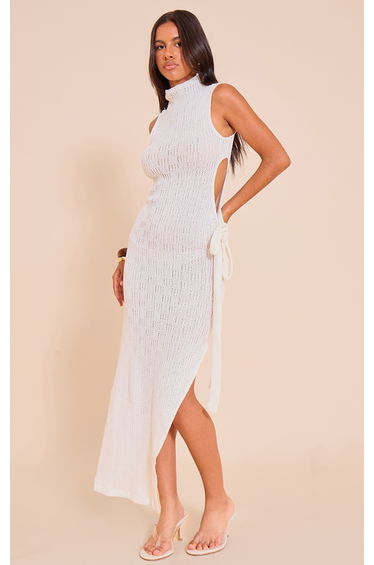 Petite Cream Tie Side Knitted Maxi Dress
