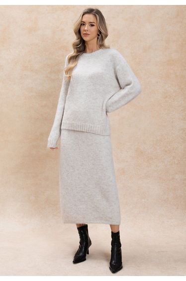 Shimmer Thread Sequin Fuzzy Knit Sweater and Skirt Set in Oatmeal
