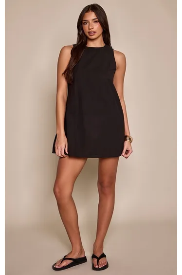Black Linen Look Boat Neck Sleeveless Shift Dress