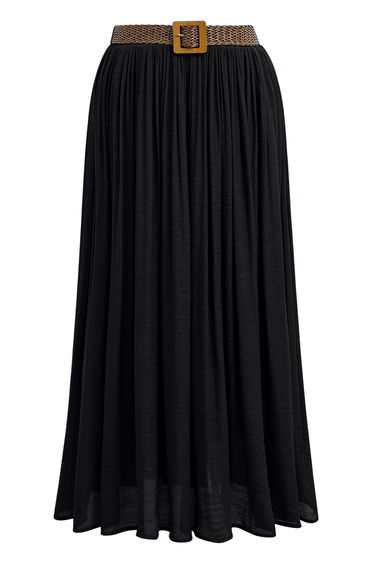 Airy Crinkle Belted Midi Skirt in Black